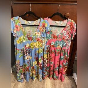 Lot 1x Be Stage no wrinkle travel stretch floral flutter v dresses blue pink euc